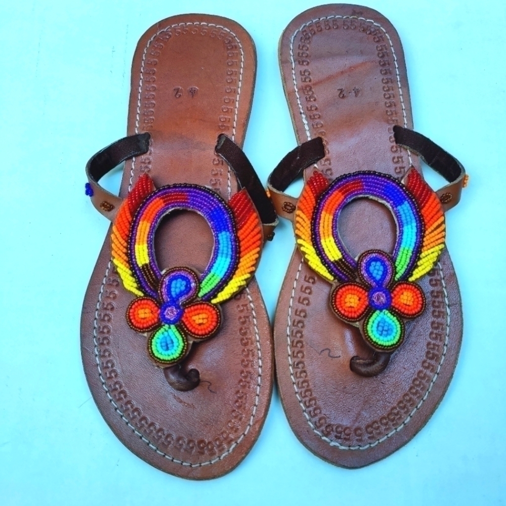 African women's beaded Maasai slapper leather sandals Size 9